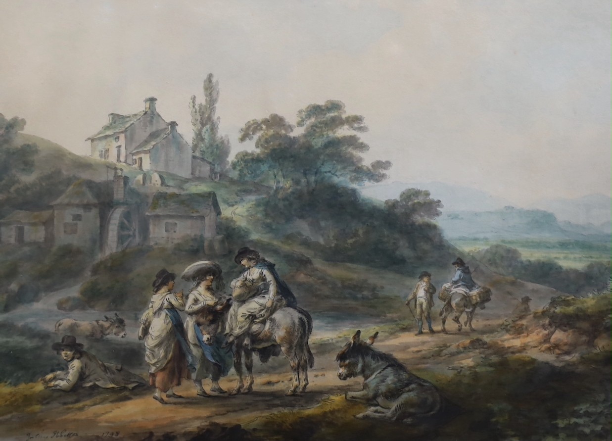 Julius Caesar Ibbetson (British, 1759-1817), Figures on a path by a mill, pen, ink and watercolour, 29 x 39cm